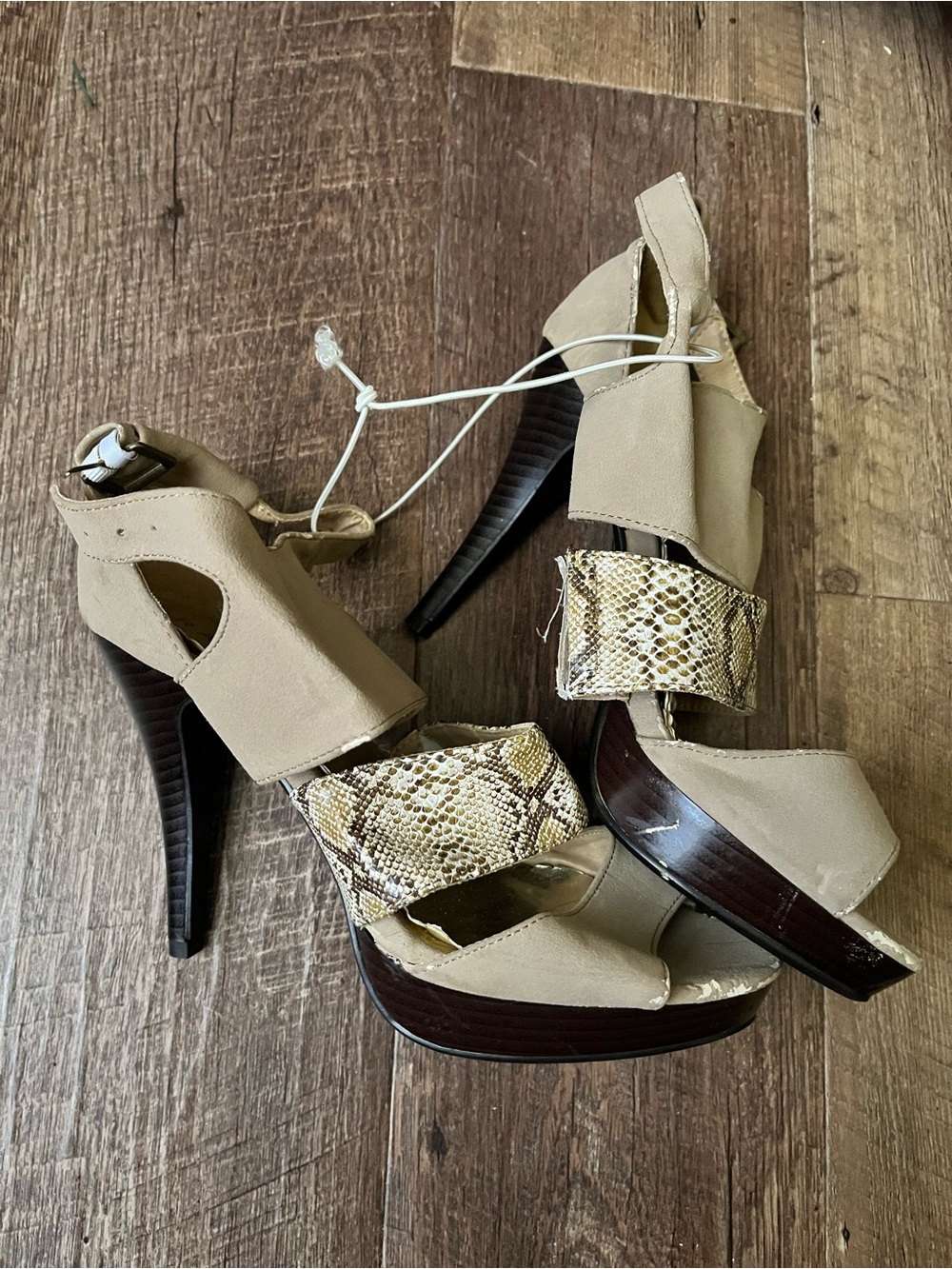 Beige Snakeskin Accent Ankle Strap Sandals - Picture 2 of 4